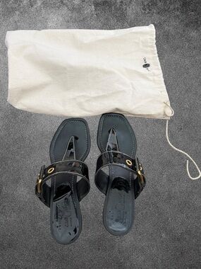 Car Shoe (from the Prada Group) Black Patent Leather Thong Sandals with Dust Bag